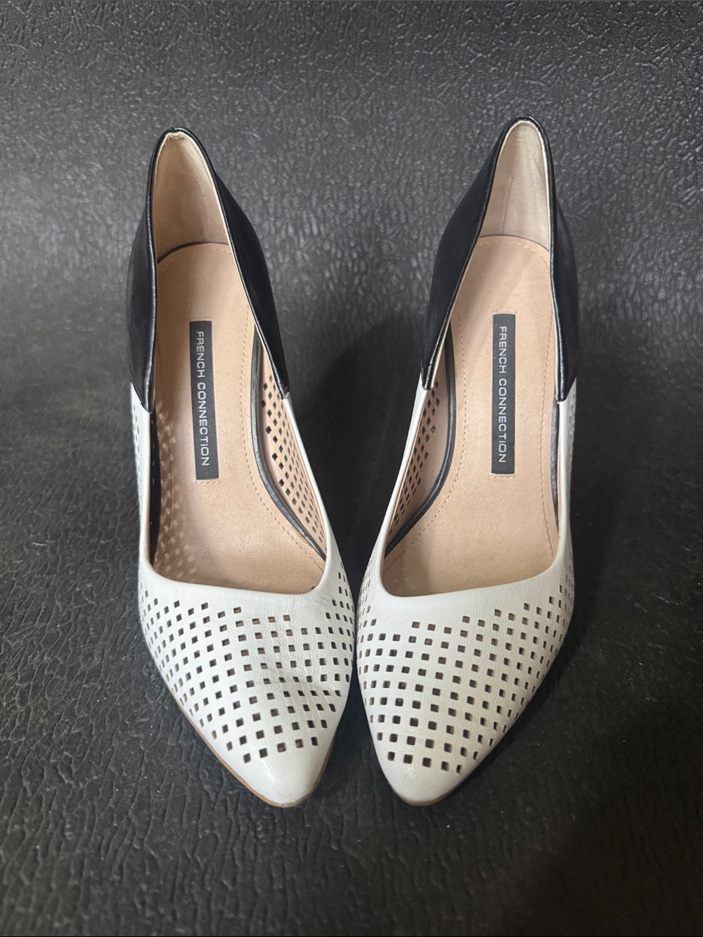French Connection Two-Tone Perforated Pointed Toe Heels - White & Black